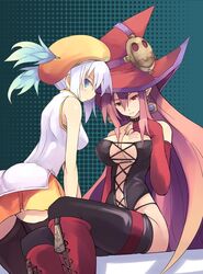  2girls bare_shoulders blue_eyes boots breasts choker cleavage corset earrings elbow_gloves elf gloves hat heterochromia jewelry large_breasts long_hair looking_back lucia_(luminous_arc) luminous_arc multiple_girls nail_polish official_art pink_hair pointy_ears shibano_kaito short_hair sidelocks sitting skirt sleeveless star_(symbol) tattoo thighhighs vanessa_(luminous_arc) very_long_hair white_hair witch witch_hat zettai_ryouiki 