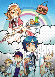  6+boys apron artist_request black_frost brown_hair cake cloud dessert dress drink female food gekkoukan_high_school_uniform ice_cream ice_cream_float iori_junpei jack_frost_(megami_tensei) maid melon_soda multiple_boys persona persona_3 rain rainbow ribbon school_uniform short_hair swiss_roll yukari_takeba yuuki_makoto_(persona_3) 