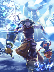  1boy arms_up bowl bowl_hat carrying_overhead coat commentary_request creature felyne furry furry_male hat highres holding holding_behind_back lagombi looking_at_viewer monster_hunter_(character) monster_hunter_(series) monster_hunter_portable_3rd size_difference tetsukuzu_tetsuko walking yukumo_(armor) 