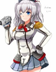  blue_eyes breasts camcorder charlotte_(anime) commentary_request cosplay epaulettes female gloves grey_hair highres kantai_collection kashima_(kancolle) kashima_(kancolle)_(cosplay) large_breasts long_hair look-alike military military_uniform miniskirt one_eye_closed pleated_skirt saber-freedom skirt solo tomori_nao two_side_up uniform video_camera 