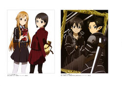  1boy 2girls absurdres asuna_(sao) black_eyes black_gloves black_hair black_iron_great_sword black_legwear brown_eyes brown_hair elf elucidator fingerless_gloves gloves hair_ornament highres holding kawatsuma_tomomi kirigaya_suguha kirito kirito_(sao-alo) long_hair looking_at_viewer mirror multiple_girls official_art pantyhose pleated_skirt pointy_ears red_skirt school_uniform sheath sheathed short_hair skirt smile sword sword_art_online sword_on_back weapon weapon_on_back white_pantyhose 