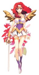  ai_tenshi_densetsu_wedding_peach angel_salvia armor boots circlet closed_mouth commentary_request dress female flower full_body highres holding holding_weapon korean_commentary looking_at_viewer magical_girl moo9mom parted_bangs purple_eyes rapier red_hair scarlet_ohara short_dress solo sword transparent_background weapon 