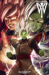  dragon_ball dragon_ball_super dragon_ball_z earrings gokuu_black green_skin grin pink_hair signature smug_smile super_saiyan_rose white_hair wizyakuza zamasu 