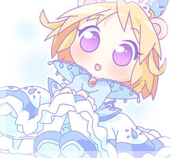  :o blonde_hair blue_dress blush brooch chibi dress female fushigiboshi_no_futago_hime gem jewelry long_sleeves mirai_(sugar) miruro_(futagohime) open_mouth purple_eyes short_hair solo tareme 