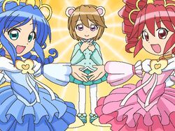  3girls awa bad_link blue_dress blue_hair detached_sleeves dress drill_hair fine_(futagohime) fine_(grand_universal_princess)_(futagohime) frills fushigiboshi_no_futago_hime jaggy_lines lowres magical_girl miruro_(futagohime) multiple_girls oekaki pantyhose pink_dress red_hair rein_(futagohime) rein_(grand_universal_princess)_(futagohime) tiara 