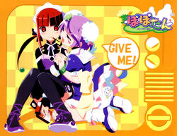  2girls back-print_panties blush bracelet bun_cover clothes_lift double_bun food hair_bun holding_hands interlocked_fingers jewelry long_hair maid maid_headdress mea_(popotan) mii_(popotan) mouth_hold multiple_girls panties pantyshot photoshop_(medium) pocky popotan print_panties red_eyes red_hair short_hair sitting skirt skirt_lift socks thighhighs underwear watanabe_akio white_panties 