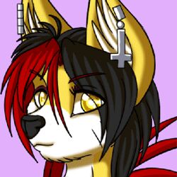  1:1 2013 animated anthro black_hair canid canine ear_piercing eyeshadow female fox fur hair icon looking_at_viewer low_res makeup malice mammal mark_haynes one_eye_closed piercing purple_eyeshadow red_hair smile solo thumbnail wink yellow_body yellow_eyes yellow_fur 