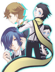  4boys amada_ken black_hair blue_eyes blue_hair brown_hair commentary_request gekkoukan_high_school_uniform hair_over_one_eye headphones kokutou_eiri lolicon male_focus mochizuki_ryouji multiple_boys persona persona_3 pharos scarf school_uniform simple_background smile suspenders yuuki_makoto_(persona_3) 