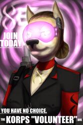  anthro canid canine clothed clothing english_text eyewear female glasses gun hair handgun hi_res hypnotic_visor korps_insignia kraken_(artist) looking_at_viewer mammal pistol ranged_weapon smile solo text weapon 