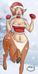  2017 aiushtha_the_enchantress breasts brown_body brown_eyebrows brown_fur brown_hair brown_tail cervine cervine_taur christmas christmas_clothing christmas_headwear cleavage closed_eyes clothed clothing dappled_fur deer deer_taur dota eyebrows eyelashes female fur gloves hair handwear hashdrawingslasher hat headgear headwear hi_res holidays hooves humanoid_pointy_ears light_body light_skin mammal mammal_taur mittens navel open_mouth open_smile pink_tongue quadruped red_clothing red_gloves red_handwear red_hat red_headwear red_topwear santa_hat signature simple_background small_breasts smile snow solo tail taur teeth tongue topwear tube_top white_body white_fur winter 