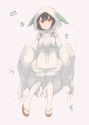  :3 absurdres animal_hood bad_id bad_twitter_id black_hair closed_mouth female highres hood hood_up inaba_tewi japanese_clothes kimono long_sleeves looking_at_viewer pantyhose rabbit_hood red_eyes red_footwear sandals short_hair simple_background sleeves_past_fingers sleeves_past_wrists smile solo touhou tsukiori white_kimono white_pantyhose wide_sleeves 