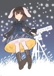  :d absurdres animal_ears bad_id bad_twitter_id black_shirt blouse blue_dress blush boots brown_footwear brown_hair cross-laced_footwear dress female highres inaba_tewi lace-up_boots lolita_fashion long_sleeves looking_at_viewer open_mouth pantyhose petticoat rabbit_ears red_eyes shirt short_hair sky smile solo star_(sky) star_(symbol) starry_sky telescope touhou tsukiori white_pantyhose 