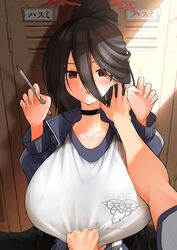  against_locker black_choker black_hair blue_archive blush breasts choker clothes_pull female gym_uniform hair_between_eyes halo hasumi_(blue_archive) hasumi_(track)_(blue_archive) highres huge_breasts jacket locker looking_at_viewer macchiato_(jae-min_cho) mole mole_under_eye official_alternate_costume ponytail pov pov_hands red_eyes shirt shirt_pull sportswear straight sweat track_jacket upper_body variant_set white_shirt 