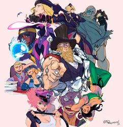  4boys 6+girls absurdres akuma_(street_fighter) artist_name bald beard biker_clothes bikesuit black_bodysuit blonde_hair blue_eyes blue_lips blue_thighhighs bodysuit boots breasts cleavage cody_travers commentary crop_top crying crying_with_eyes_open dark-skinned_female dark_skin elbow_pads english_commentary eyepatch facial_hair falke_(street_fighter) fingerless_gloves forehead_jewel g_(street_fighter) garrison_cap gloves glowing glowing_eyes green_eyes hair_over_one_eye hat heaven_(kanji) highres holding holding_whip juri_han kolin large_breasts laughing laura_matsuda long_hair lucia_morgan menat military military_uniform multiple_boys multiple_girls muscular muscular_male no_pupils one-eyed partially_unbuttoned peaked_cap pink_hair pinstripe_pattern pinstripe_shirt pinstripe_vest pointing pointing_at_viewer poison_(final_fight) police police_uniform policewoman purple_bodysuit purple_hair red_hair relusionh sagat shirt short_hair sideburns single_fingerless_glove skin_tight street_fighter street_fighter_v striped tears thigh_boots thighhighs toned top_hat twitter_username uniform unworn_eyepatch upside-down urien vest whip 