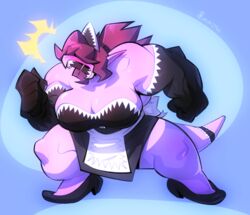  anthro big_breasts blush breasts cleavage clothed clothing deltarune female footwear gloves hair hair_over_eyes handwear high_heels huge_breasts maid_apron maid_headdress maid_uniform muscular muscular_anthro muscular_female open_mouth purple_body reptile scalie sharp_teeth simple_background solo superfrenzyhare susie_(deltarune) teeth thick_thighs undertale_(series) uniform 