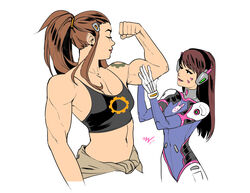  2girls bare_shoulders black_shirt breasts brigitte_(overwatch) brown_hair crop_top d.va_(overwatch) earrings facial_mark flexing hair_ornament hair_pulled_back hair_tie hairclip hands_on_another&#039;s_arm headphones jewelry long_hair looking_at_another medium_breasts midriff multiple_girls muscular muscular_female navel overwatch pilot_suit science_fiction shirt shoulder_tattoo sidelocks simple_background smile tank_top tattoo upper_body vashperado whisker_markings white_background wide_ponytail yuri 