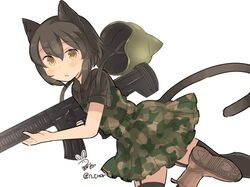  animal_ears assault_rifle bad_id bad_twitter_id black_hair blush boots brown_eyes brown_footwear camouflage_dress cat_ears cat_helmet cat_tail dress female from_side garter_straps green_dress gun h&amp;k_hk416 holding holding_gun holding_weapon looking_at_viewer original parted_lips rifle short_hair signature simple_background solo tail thighhighs tsukiori twitter_username weapon white_background 