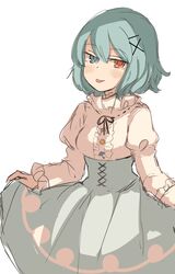  :p bad_id bad_twitter_id black_ribbon blouse blue_eyes blue_hair blush commentary female green_skirt hair_ornament hairclip heterochromia highres jitome juliet_sleeves long_sleeves looking_at_viewer neck_ribbon puffy_sleeves red_eyes ribbon shirt simple_background skirt skirt_hold smile solo standing symbol-only_commentary tatara_kogasa tongue tongue_out touhou tsukiori white_background white_shirt x_hair_ornament 