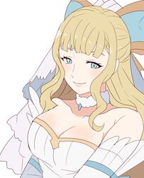  bare_shoulders blonde_hair blue_eyes bow breasts bride bride_(fire_emblem) charlotte_(bridal)_(fire_emblem) charlotte_(fire_emblem) choker cleavage collarbone commentary_request dress female fire_emblem fire_emblem_heroes hairbow long_hair medium_breasts rem_(eyes_410) simple_background smile solo upper_body wedding_dress white_background white_choker white_dress 