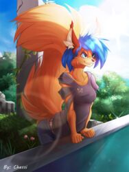  2019 3:4 5_fingers anthro blue_eyes blue_hair breasts brown_body brown_fur chessi clothed clothing day detailed_background digital_media_(artwork) eyebrows eyelashes female fingers fur hair hi_res mammal outside rodent sciurid sky solo 