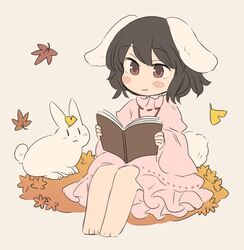  :3 animal_ears bad_id bad_twitter_id barefoot black_hair blush_stickers book chibi closed_mouth dress female grey_background holding inaba_mob_(touhou) inaba_tewi leaf leaf_on_head long_sleeves maple_leaf open_book pink_dress rabbit rabbit_ears rabbit_girl rabbit_tail reading red_eyes simple_background sitting smile solo tail touhou tsukiori wide_sleeves 