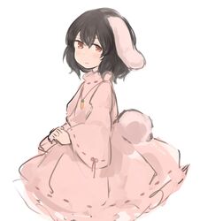  animal_ears bad_id bad_twitter_id black_hair carrot_necklace closed_mouth dress female from_side highres inaba_tewi jewelry long_sleeves looking_at_viewer looking_to_the_side necklace pink_dress rabbit_ears red_eyes simple_background smile solo touhou tsukiori white_background 