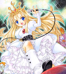  \m/ ahoge bad_id bad_pixiv_id belt blonde_hair blue_eyes blush boots buttons crown cyberbots devilot_de_deathsatan_ix dress female gold_crown happy jeweled_crown jewelry knee_boots long_hair microphone music oerba_yun_fang open_mouth pemoko pointed_crown sidelocks singing stage_lights 