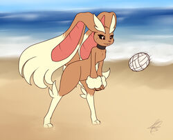  2016 3_toes anthro ball beach big_ears black_sclera brown_body brown_eyes brown_fur buckteeth cloud collar collar_only day detailed_background digital_media_(artwork) dipstick_ears ear_markings feet female flat_colors floppy_ears fur generation_4_pokemon lagomorph leg_markings long_ears lop_ears lopunny mammal markings motion_lines multicolored_ears nintendo nude nude_beach outdoor_nudity outside path_lines pink_inner_ear pokemon pokemon_(species) sand seaside shikaro signature sky socks_(marking) solo sport tan_body tan_fur tan_legs tan_markings teeth toes volleyball_(ball) water wide_hips 