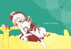  blush boots broken commentary_request crossed_arms cup female grief_seed hat head_rest looking_at_viewer magical_girl mahou_shoujo_madoka_magica mahou_shoujo_madoka_magica_(anime) monochrome not_afraid_anymore sitting solo table teacup thighhighs to-no tomoe_mami tomoe_mami_(magical_girl) 