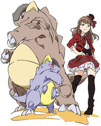  boots brown_eyes brown_hair commentary crossover female frills hands_on_own_hips hat kangaskhan long_hair mega_kangaskhan mega_pokemon pokemon pokemon_(creature) red_eyes simple_background smile sukuzi_rena_(wake_up_girls!) thighhighs top_hat umanosuke wake_up_girls! 