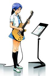  bad_id bad_pixiv_id bespectacled black_socks blue_hair electric_guitar female gibson_les_paul glasses guitar gun_sling idolmaster idolmaster_(classic) instrument juu_(juuzi) kisaragi_chihaya long_hair music_stand necktie rough_time_school_(idolmaster) school_uniform sheet_music shirt shoes short_sleeves skirt socks solo standing uwabaki 