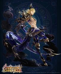  1boy abs absurdres blonde_hair blue_background boots brown_eyes claws commentary_request copyright_name full_body gloves highres horns knights_chronicle long_hair male_focus official_art pectorals pointy_ears smoke solo tarkus_(knights_chronicle) teeth topless_male yon_(yonana) 