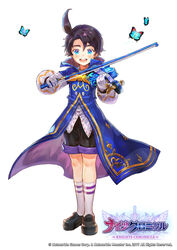  1boy ahoge black_hair blue_butterfly blue_eyes bow bowtie bug butterfly commentary_request copyright_name francois_(knights_chronicle) full_body gloves gokuma highres instrument knights_chronicle lolicon male_focus official_art open_mouth photoshop_(medium) solo teeth violin white_background 