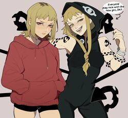  2girls absurdres black_jumpsuit black_nails blonde_hair braid chainsaw_man crossover front_ponytail grey_background hands_in_pockets highres hood hooded_jumpsuit hoodie jumpsuit long_hair medium_hair medusa_gorgon multicolored_hair multiple_girls open_mouth porqueloin red_eyes red_hoodie roots_(hair) sawatari_akane_(chainsaw_man) sharp_teeth shorts simple_background sleeveless_jumpsuit smile snake soul_eater species_connection sweat tail teeth trait_connection yellow_eyes 