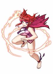  anklet barefoot bodoi cape commentary_request copyright_name facial_mark female fire flare_(knights_chronicle) full_body jewelry knights_chronicle oerba_yun_fang official_art open_mouth purple_eyes red_hair solo white_background 