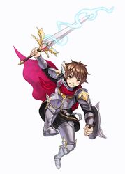  1boy armor armored_boots blush bodoi boots brown_eyes brown_hair cape commentary_request copyright_name electricity full_body hair_ornament knights_chronicle male_focus official_art shield solo sword teeth theo_(knights_chronicle) weapon white_background 