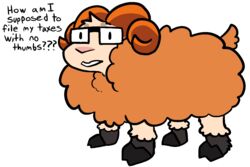  2020 2_toes aliasing ambiguous_gender bovid caprine dialogue digital_media_(artwork) english_text eyewear eyewear_only feet feral fur glasses glasses_only hooves horn humor mammal nude open_mouth orange_body orange_fur orange_horn pink_nose rectangular_glasses sheep simple_background solo tan_body tan_fur text toes trout_(artist) trout_(character) wearing_glasses white_background wool_(fur) 