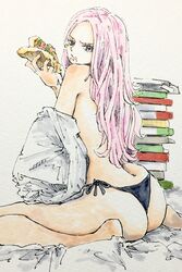  ass back black_panties book book_stack eyelid_piercing female food food_on_face from_side grey_eyes hand_up highres holding holding_food holding_pizza jewelry_bonney leaning_forward long_hair looking_at_viewer looking_back median_furrow one_piece panties parted_lips piercing pink_hair pizza pizza_slice puipui_(gamename) sitting solo topless underwear very_long_hair wariza 