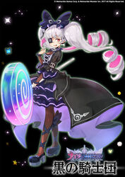  black_background bow bug butterfly candy claudia_(knights_chronicle) commentary_request copyright_name dress drill_hair eyepatch female food full_body gokuma highres knights_chronicle multicolored_hair nail_polish official_art open_mouth photoshop_(medium) pink_eyes pink_hair solo sparkle staff star_(symbol) teeth thighhighs twintails two-tone_hair white_hair 