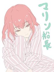  alternate_costume bansei barefoot commentary female flat_color half-closed_eyes heterochromia highres hololive houshou_marine hugging_own_legs knee_to_face lapels leaning_forward long_hair long_sleeves looking_at_viewer pajamas pants pink_pajamas red_eyes red_hair shirt simple_background sitting smile solo split_mouth striped_clothes striped_pajamas striped_pants striped_shirt translated two-tone_shirt virtual_youtuber white_background yellow_eyes 