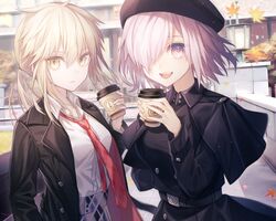  2girls artoria_pendragon_(fate) black_coat blonde_hair blush breasts closed_mouth coat collarbone collared_shirt commentary_request cup disposable_coffee_cup disposable_cup fate/grand_order fate_(series) hair_over_one_eye haizome_senri large_breasts long_sleeves looking_at_viewer mash_kyrielight mash_kyrielight_(traveling_outfit) medium_breasts multiple_girls necktie official_alternate_costume parted_lips purple_eyes purple_hair red_necktie saber_alter saber_alter_(traveling_outfit)_(fate) shirt short_hair smile white_shirt yellow_eyes 