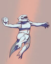  anthro ball basketball_(ball) black_sclera bottomwear braces clothing dunkleosteus female fish kleo_devonshire_(million_years_academy) marine open_mouth sharp_teeth shirt shorts solo tank_top teeth tooth_gap topwear wildcardshuffle 