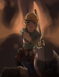  absurdres arm_wrap armor astrid_hofferson axe battle_axe blonde_hair blue_eyes boots braid circlet crying crying_with_eyes_open cuts faulds female highres how_to_train_your_dragon injury john_doe_(jdart) knee_boots long_hair looking_at_viewer md5_mismatch pauldrons planted resolution_mismatch scared shadow shoulder_armor single_braid sitting solo source_smaller spikes tears torn_clothes viking wariza weapon 