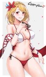  artist_name azur_lane bangle bare_shoulders bikini black-framed_eyewear blonde_hair blush border bracelet braid breasts cleavage collarbone commentary_request contrapposto cowboy_shot crown_braid dated earrings female flower grey_background hair_flower hair_ornament hanada_yanochi heart holding holding_removed_eyewear jewelry large_breasts lips looking_at_viewer mismatched_bikini navel official_alternate_costume parted_lips petals prince_of_wales_(azur_lane) prince_of_wales_(sun_shining_upon_windsor)_(azur_lane) red_bikini red_eyes shawl shiny_skin short_hair simple_background smile solo standing stomach sunglasses swept_bangs swimsuit tareme thighs unworn_eyewear white_bikini white_border 