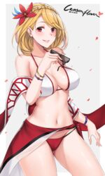  artist_name azur_lane bangle bare_shoulders bikini black-framed_eyewear blonde_hair blush border bracelet braid breasts cleavage collarbone commentary_request contrapposto cowboy_shot crown_braid dated earrings female flower grey_background hair_flower hair_ornament hanada_yanochi heart holding holding_removed_eyewear jewelry large_breasts lips looking_at_viewer mismatched_bikini navel official_alternate_costume parted_lips petals prince_of_wales_(azur_lane) prince_of_wales_(sun_shining_upon_windsor)_(azur_lane) red_bikini red_eyes sarong shawl shiny_skin short_hair simple_background smile solo standing stomach sunglasses swept_bangs swimsuit tareme thighs unworn_eyewear white_bikini white_border 