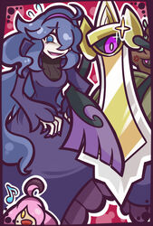  aegislash ahoge al_bhed_eyes blue_eyes cyclops dress female fingernail_polish ghost gourgeist hair_over_one_eye hairband hex_maniac_(pokemon) long_hair musical_note nail_polish npc_trainer one-eyed open_mouth pink_hair pokemon pokemon_(game) pokemon_xy purple_eyes purple_hair red_eyes smile sword tree trevenant weapon yellow_eyes 