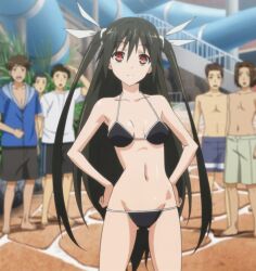  bikini black_hair breasts cap cleavage hair_ribbon hair_ribbons long_hair mayo_chiki! ponytails red_eyes ribbon screencap stitch stitched suzutsuki_kanade swimsuit twintails 