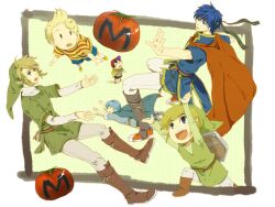  6+boys backpack bag belt black_eyes black_hair blonde_hair blue_eyes blue_hair cape commentary_request dual_persona earrings fire_emblem fire_emblem:_mystery_of_the_emblem fire_emblem:_path_of_radiance hat headband ike_(fire_emblem) jewelry link lucas_(mother_3) male_focus marth_(fire_emblem) mother_(game) mother_2 mother_3 multiple_boys ness_(mother_2) nikayu pointy_ears quiff shield shield_on_back smile super_smash_bros. the_legend_of_zelda the_legend_of_zelda:_the_wind_waker the_legend_of_zelda:_twilight_princess tomato toon_link 