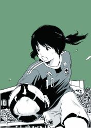  2011_fifa_women&#039;s_world_cup adidas bad_id bad_pixiv_id ball brand_name_imitation clothes_writing female green_background greyscale_with_colored_background hosoo japanese_flag logo monochrome motion_blur motion_lines open_mouth playing_sports real_life sawa_homare short_hair short_sleeves short_twintails shorts simple_background soccer soccer_ball soccer_uniform solo sportswear standing sweat twintails world_cup 