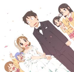  &gt;_&lt; 1boy 5girls aioi_yuuko bad_id bad_pixiv_id blush bridal_veil bride brown_eyes brown_hair camcorder closed_eyes confetti couple cube_hair_ornament dress dutch_angle glasses good_end groom hair_ornament highres husband_and_wife long_hair minakami_mai multiple_girls naganohara_mio nichijou open_mouth photoshop_(medium) sakurai_izumi school_uniform shinonome_nano short_hair simple_background straight takasaki_manabu tokisadame_school_uniform tw2ko veil video_camera wavy_mouth wedding wedding_dress white_background 